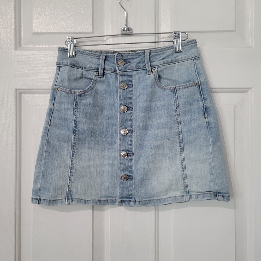 American Eagle Jean Skirt Women's 2 Blue Hi-Rise A-Line Button‎ Fly Denim Cotton